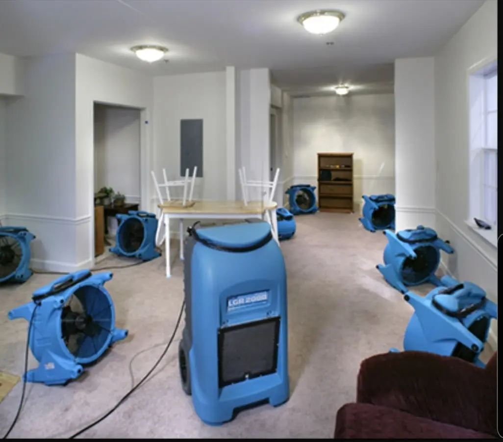 Air movers and dehumidifier setup for Water Extraction & Removal in Colchester
